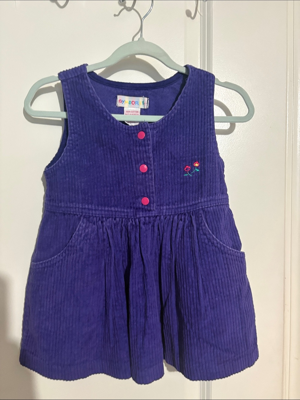 Vintage 90’s Gymboree Purple Corduroy Pinafore Dress with Pink Buttons